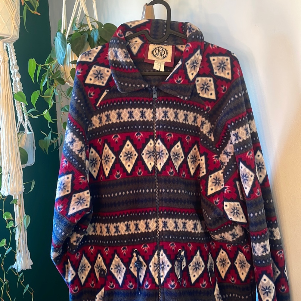 R&R fleece fair isle zipup with collar, burgundy/white/navy